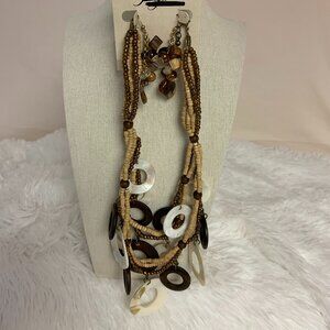 Necklace and Earring Set Brown and Ivory Faux Wood and Beads NWT